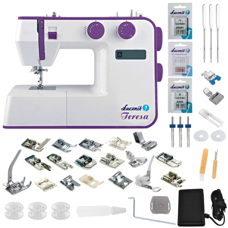 Teresa sewing machine with a set of feet and needles