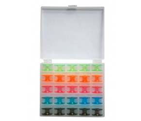 Schachtel mit farbigen Spulen für Nähmaschinen