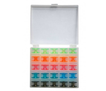 Schachtel mit farbigen Spulen für Nähmaschinen