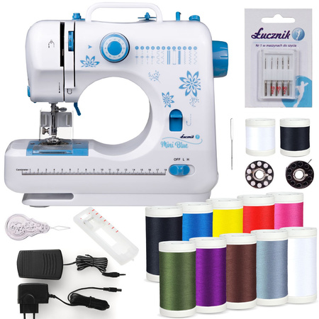 Lucznik Mini Blue sewing machine with thread and needle set