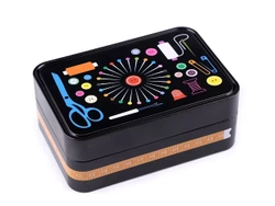 Sewing toolbox in a large metal can