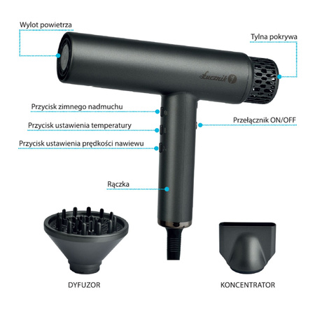 Suszarka do włosów BLDC Łucznik HyperAir IQ 1.0 Midnight Gray 1800W z funkcją jonizacji ujemnej